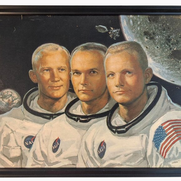 Vintage 1969 framed lithograph Armstrong Aldrin Collins July 1969 Apollo 11 Moon - Picture 10 of 10